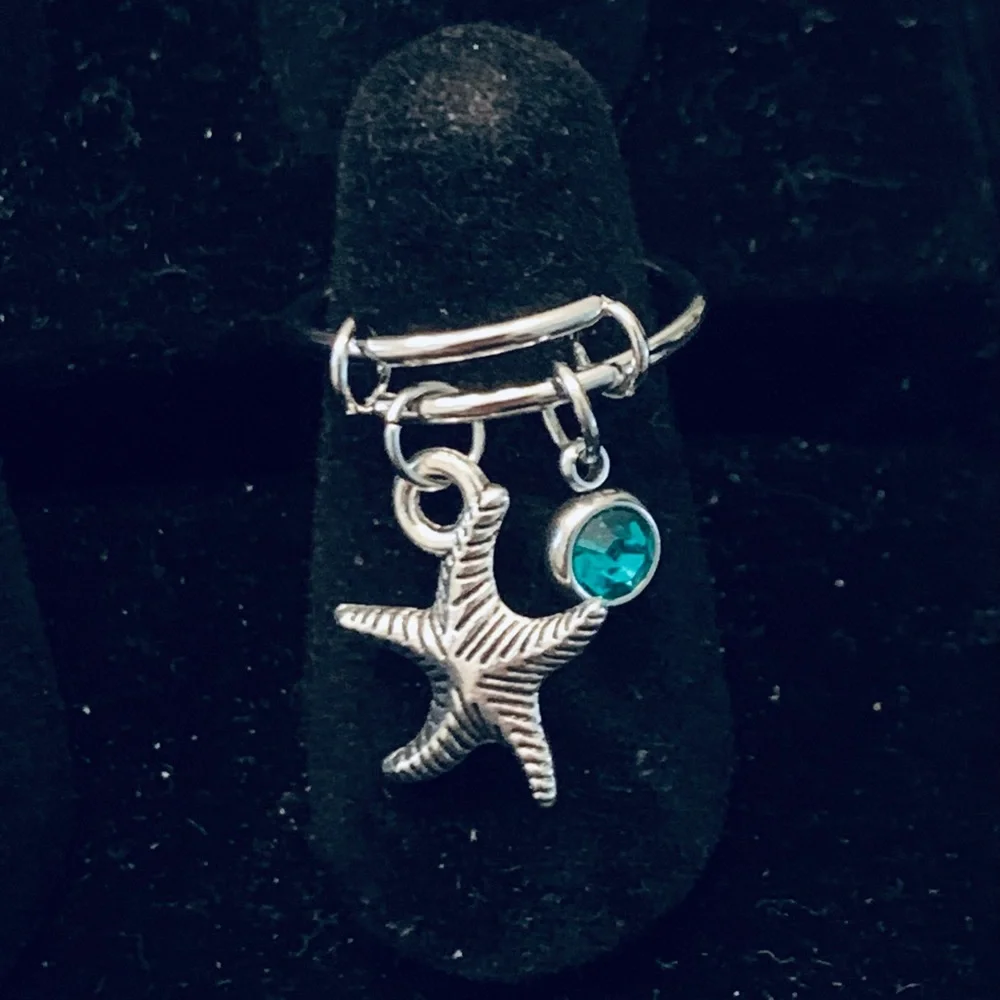 Starfish Shell charm dangle ring with birthstone/rhinestone charm